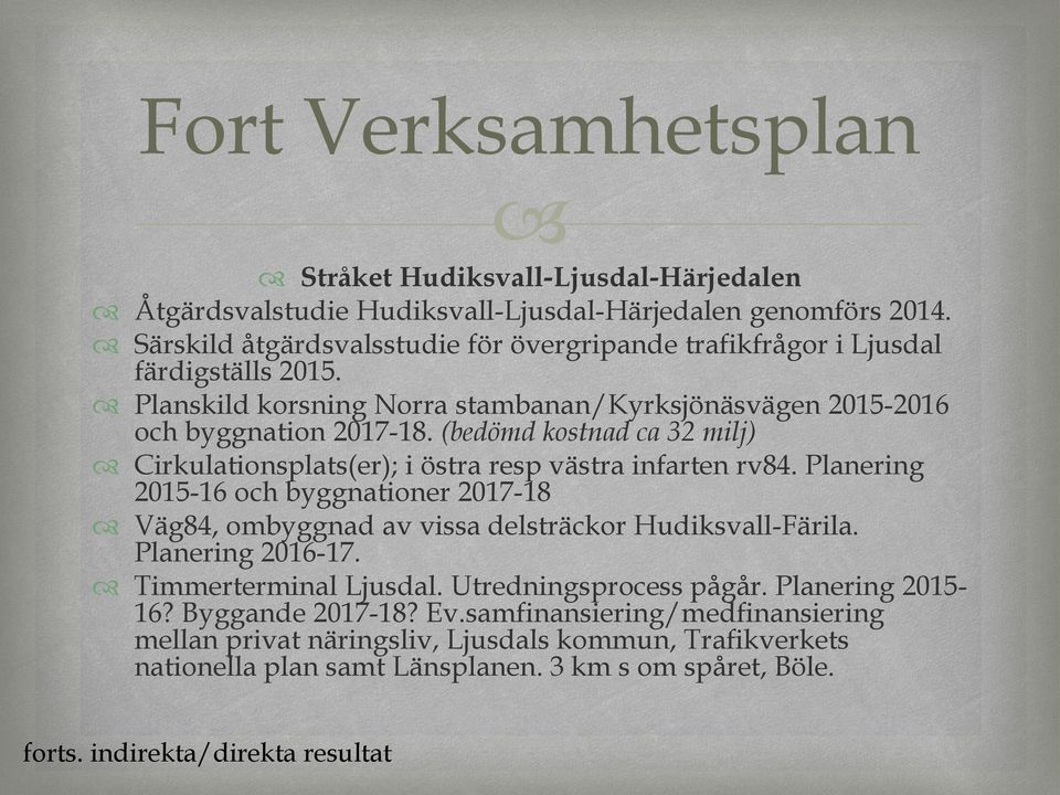 (bedömd kostnad ca 32 milj) Cirkulationsplats(er); i östra resp västra infarten rv84. Planering 2015-16 och byggnationer 2017-18 Väg84, ombyggnad av vissa delsträckor Hudiksvall-Färila.