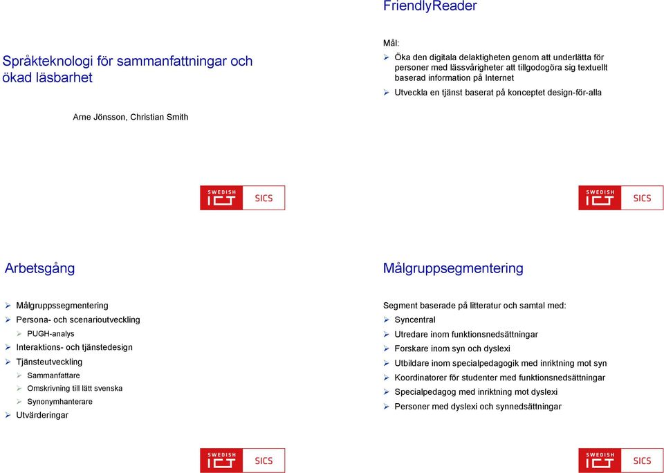 Utveckla en tjänst baserat på konceptet design-för-alla Arne Jönsson, Christian Smith Arbetsgång Målgruppsegmentering! Målgruppssegmentering! Persona- och scenarioutveckling! PUGH-analys!