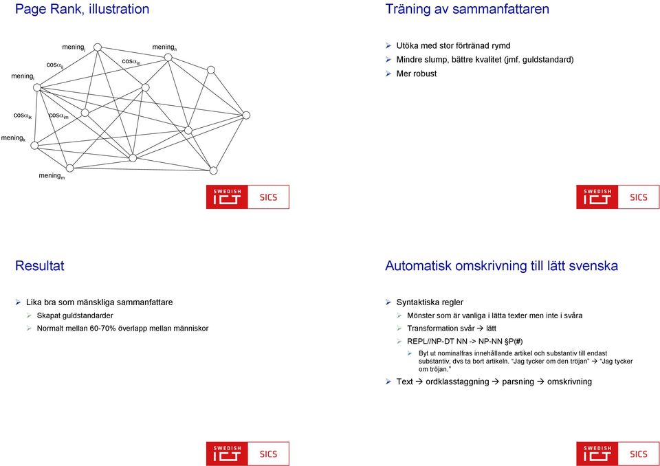 Normalt mellan 60-70% överlapp mellan människor! Syntaktiska regler! Mönster som är vanliga i lätta texter men inte i svåra! Transformation svår " lätt!