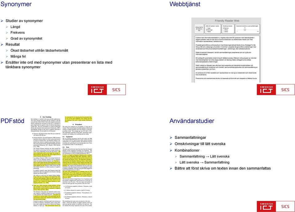 Ersätter inte ord med synonymer utan presenterar en lista med tänkbara synonymer PDFstöd Användarstudier!