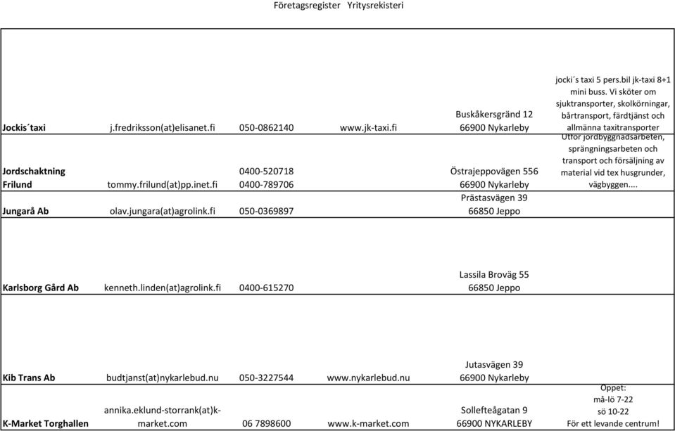 Vi sköter om sjuktransporter, skolkörningar, bårtransport, färdtjänst och allmänna taxitransporter Utför jordbyggnadsarbeten, sprängningsarbeten och transport och försäljning av material vid tex