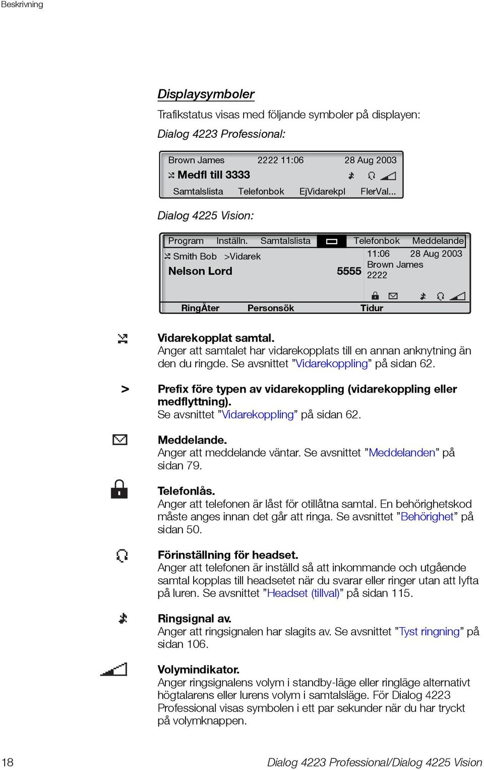 Samtalslista Telefonbok Meddelande Smith Bob >Vidarek 11:06 28 Aug 2003 Brown James Nelson Lord 5555 2222 RingÅter Personsök Tidur Vidarekopplat samtal.