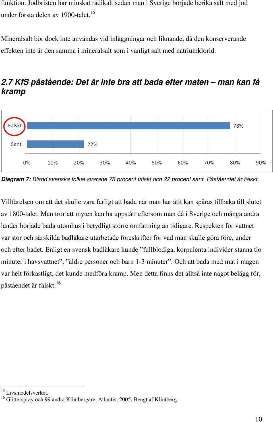 7 KfS påstående: Det är inte bra att bada efter maten man kan få kramp Diagram 7: Bland svenska folket svarade 78 procent falskt och 22 procent sant. Påståendet är falskt.