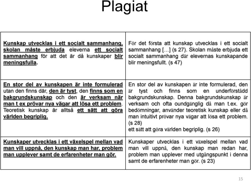 (s 47) En stor del av kunskapen är inte formulerad utan den finns där, den är tyst, den finns som en bakgrundskunskap och den är verksam när man t ex prövar nya vägar att lösa ett problem.