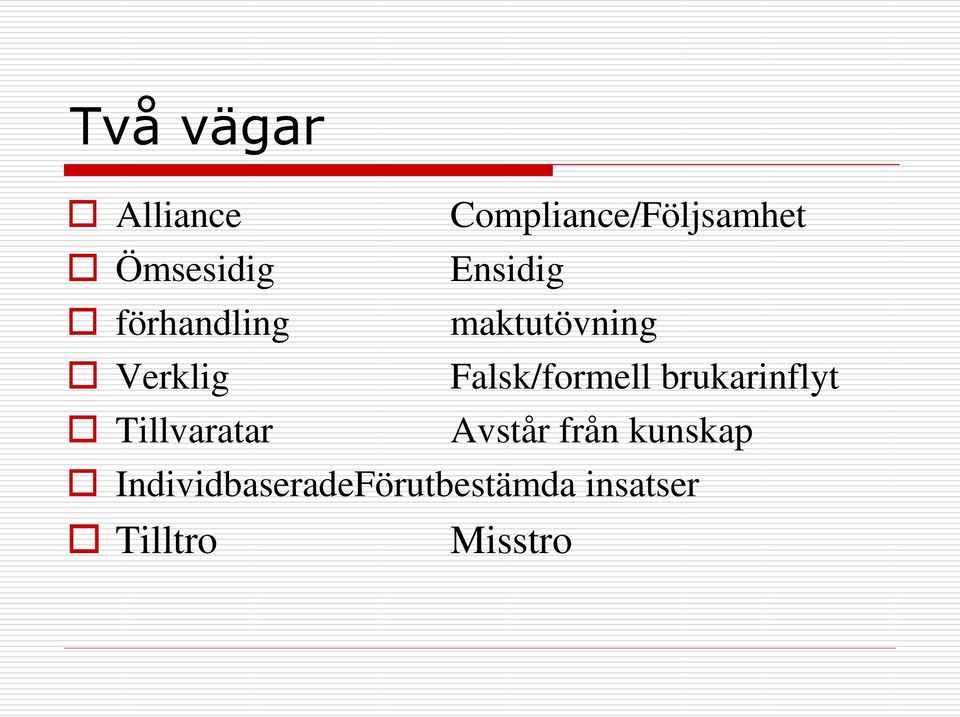 Falsk/formell brukarinflyt Tillvaratar Avstår från