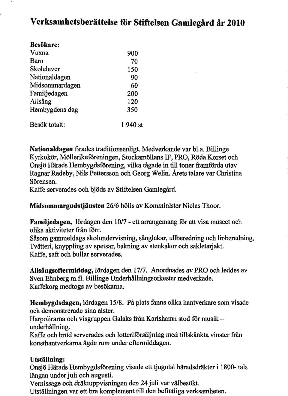 Årets talare var Christina Sörensen. Kaffe serverades och bjöds av Stiftelsen Gamlegård. Midsommargudstjänsten 26/6 hölls av Komminister Niclas Thoor.