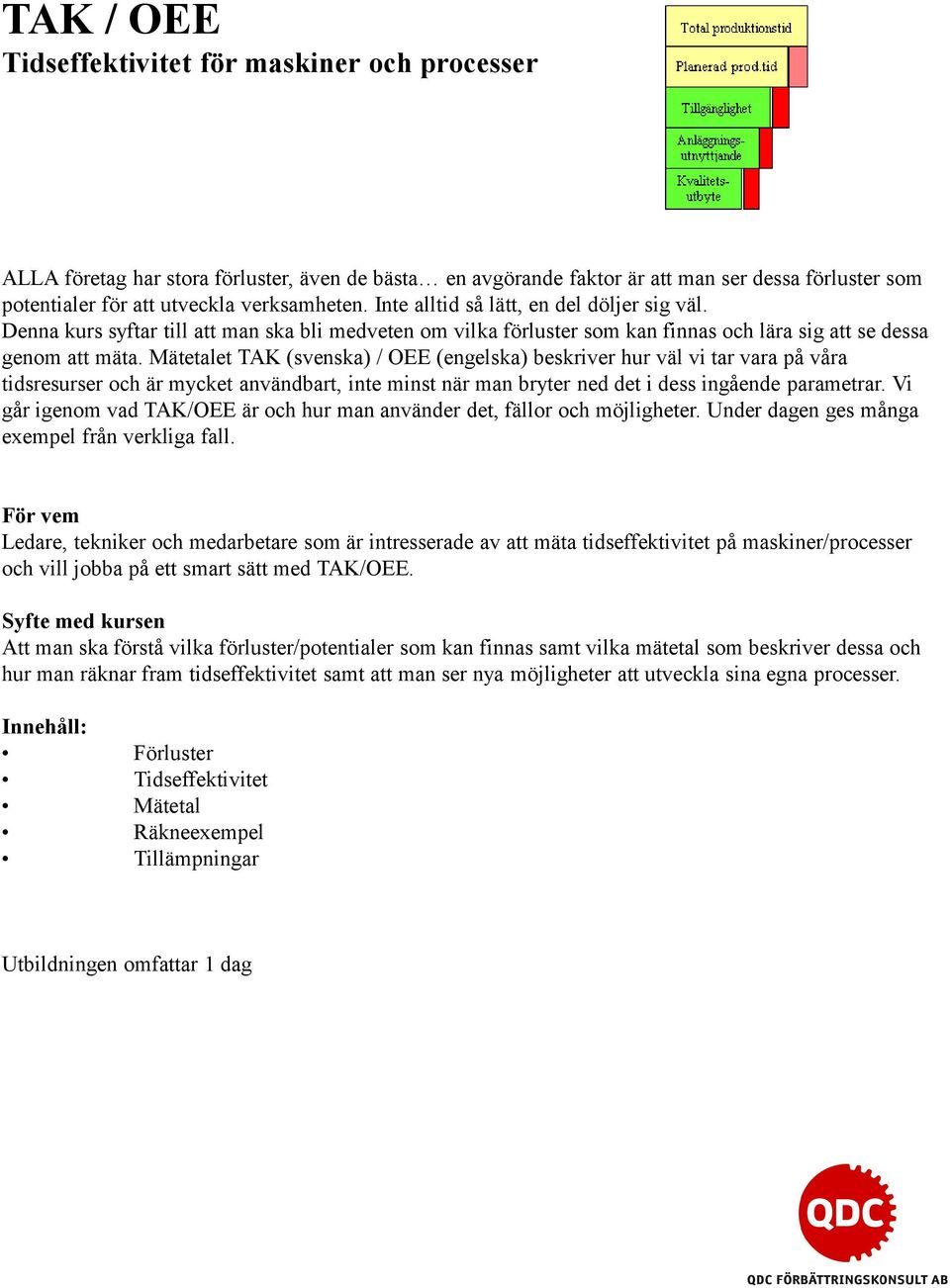 Mätetalet TAK (svenska) / OEE (engelska) beskriver hur väl vi tar vara på våra tidsresurser och är mycket användbart, inte minst när man bryter ned det i dess ingående parametrar.