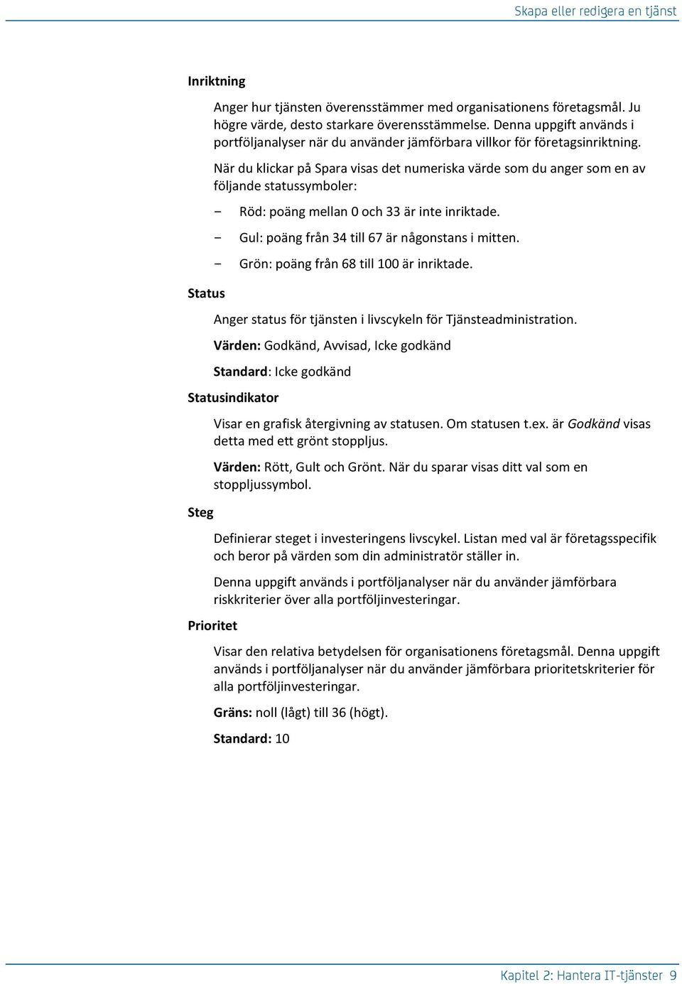 När du klickar på Spara visas det numeriska värde som du anger som en av följande statussymboler: Röd: poäng mellan 0 och 33 är inte inriktade. Gul: poäng från 34 till 67 är någonstans i mitten.