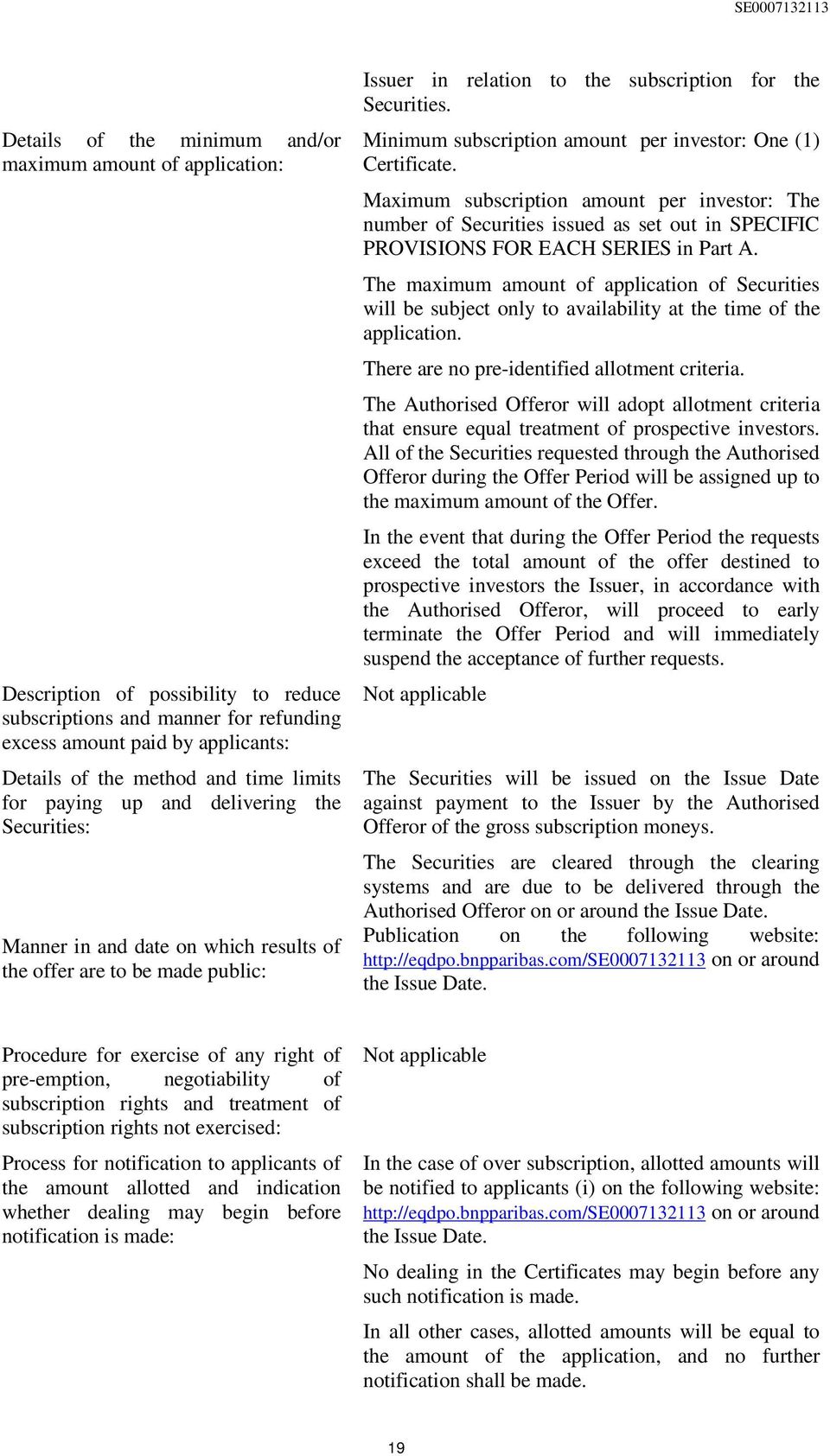 Minimum subscription amount per investor: One (1) Certificate. Maximum subscription amount per investor: The number of Securities issued as set out in SPECIFIC PROVISIONS FOR EACH SERIES in Part A.