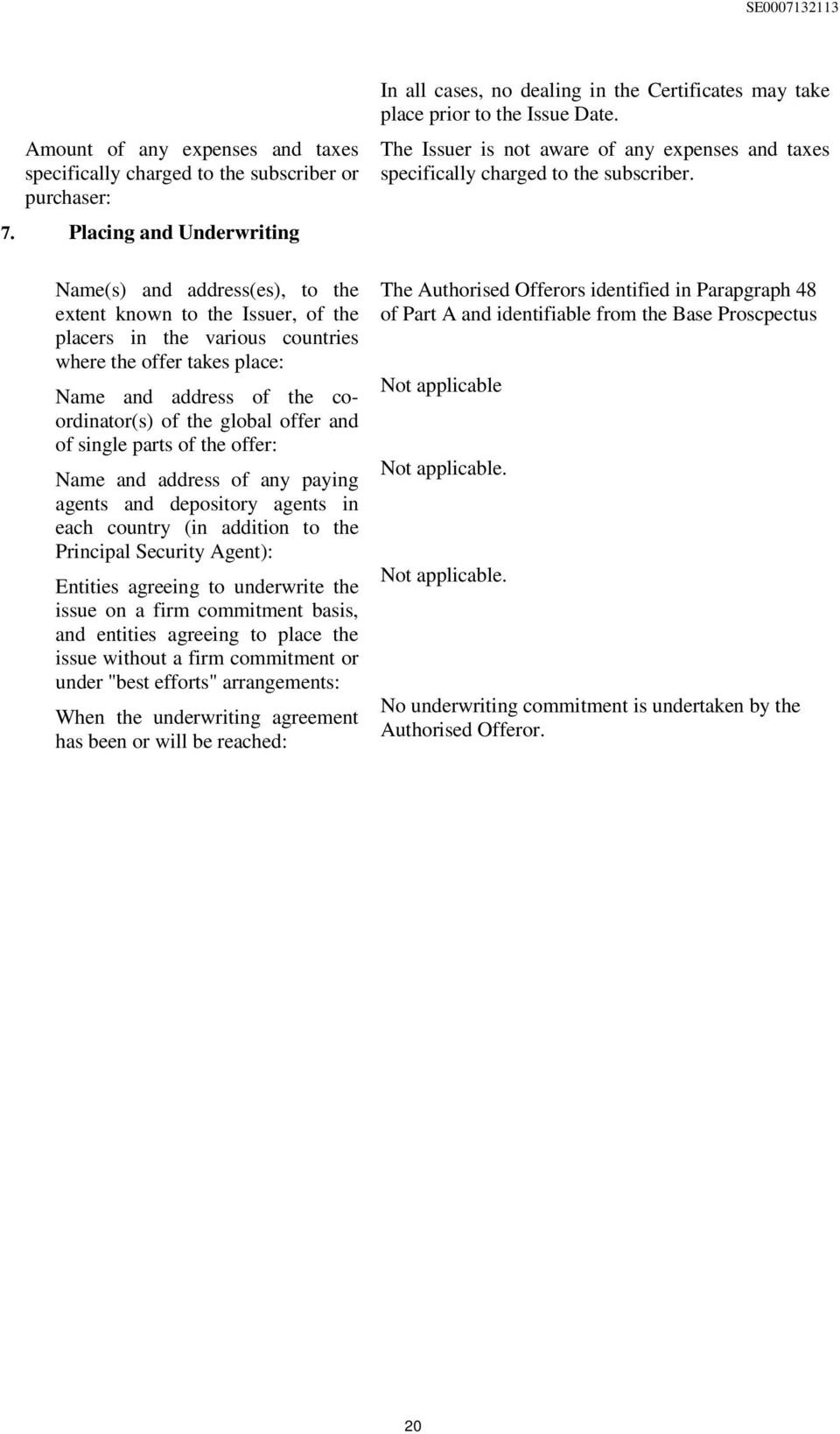 global offer and of single parts of the offer: Name and address of any paying agents and depository agents in each country (in addition to the Principal Security Agent): Entities agreeing to