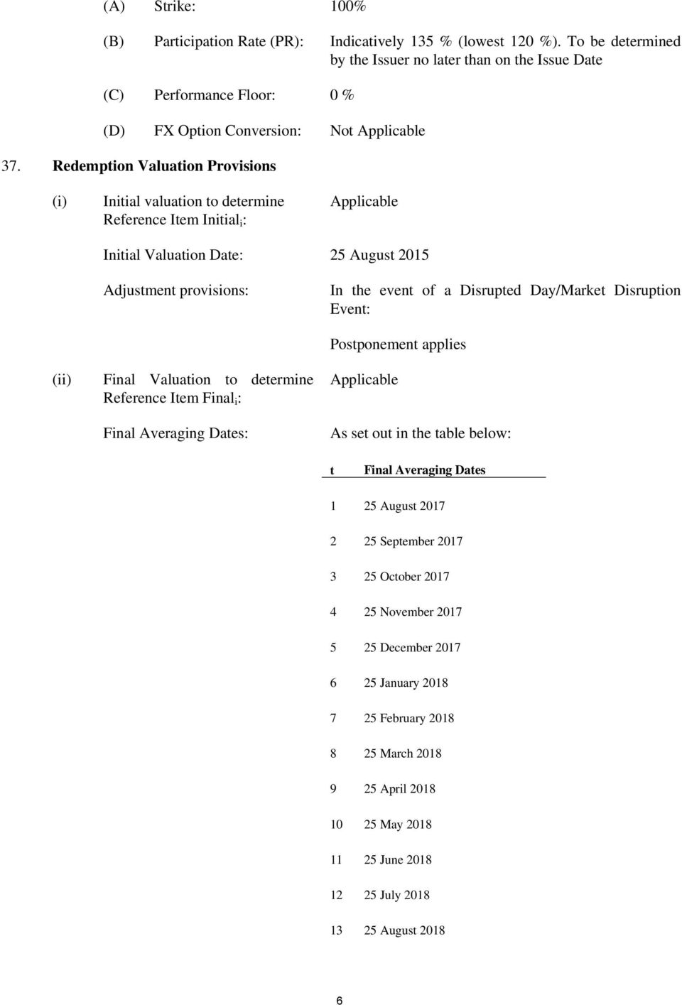 Redemption Valuation Provisions (i) Initial valuation to determine Reference Item Initial i : Applicable Initial Valuation Date: 25 August 2015 Adjustment provisions: In the event of a Disrupted