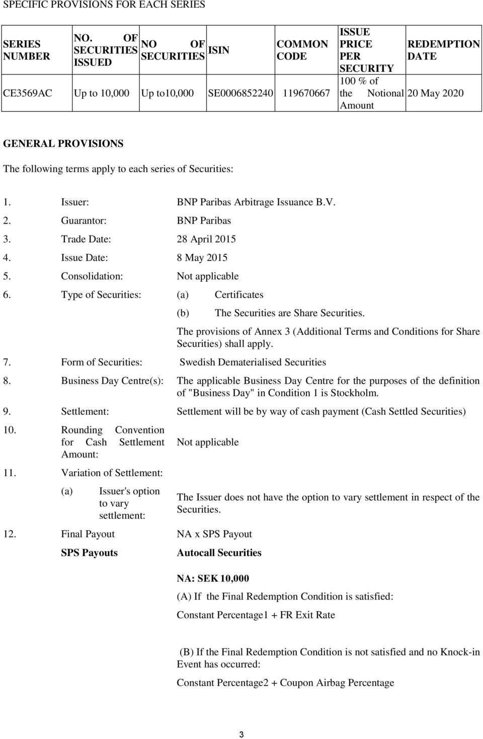 GENERAL PROVISIONS The following terms apply to each series of Securities: 1. Issuer: BNP Paribas Arbitrage Issuance B.V. 2. Guarantor: BNP Paribas 3. Trade Date: 28 April 2015 4.