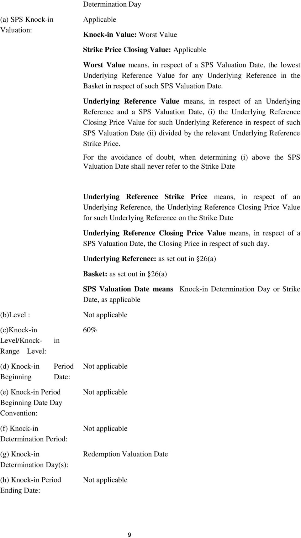 Underlying Reference Value means, in respect of an Underlying Reference and a SPS Valuation Date, (i) the Underlying Reference Closing Price Value for such Underlying Reference in respect of such SPS