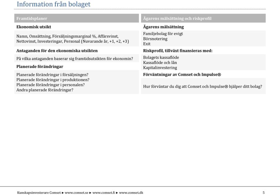 Planerade förändringar i produktionen? Planerade förändringar i personalen? Andra planerade förändringar?