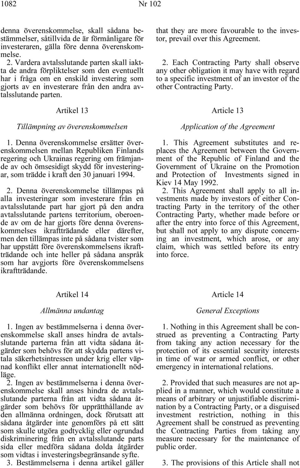 Artikel 13 Tillämpning av överenskommelsen 1.