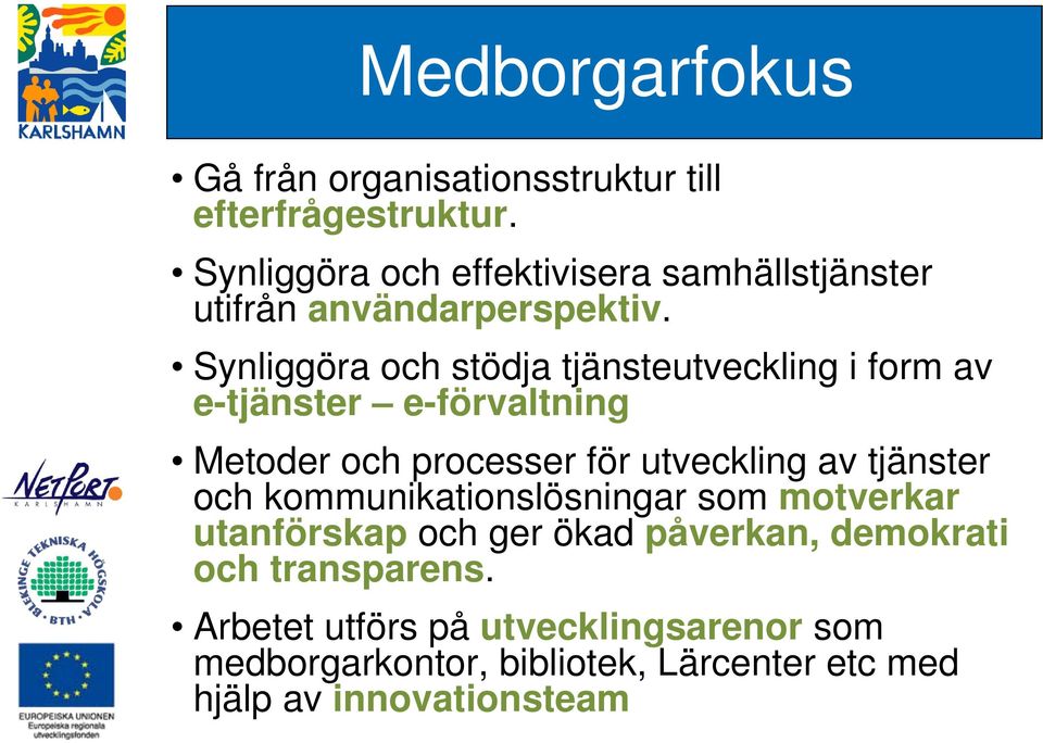 Synliggöra och stödja tjänsteutveckling i form av e-tjänster e-förvaltning Metoder och processer för utveckling av