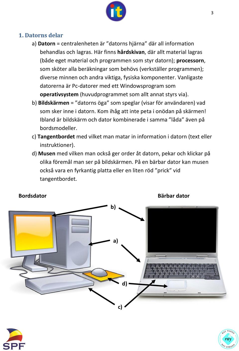 andra viktiga, fysiska komponenter. Vanligaste datorerna är Pc-datorer med ett Windowsprogram som operativsystem (huvudprogrammet som allt annat styrs via).