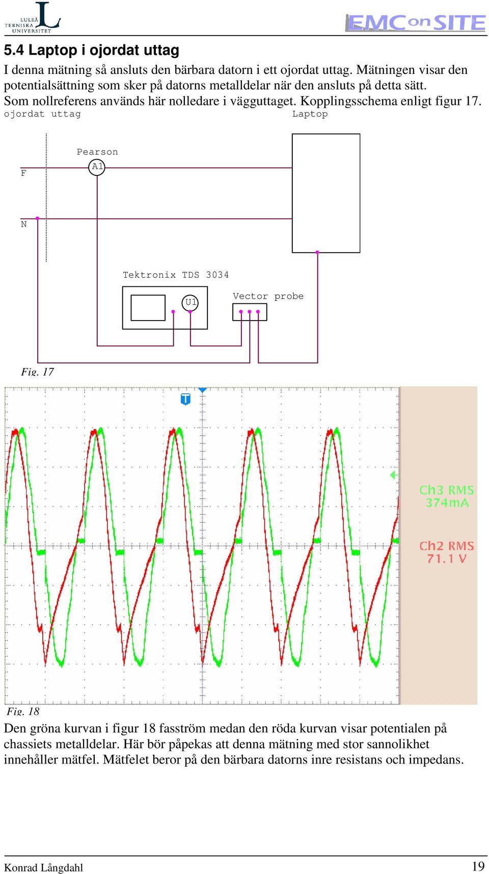 Kopplingsschema enligt figur 17. ojordat uttag Laptop F Pearson A1 N Tektronix TDS 3034 U1 Vector probe Fig. 17 Fig.