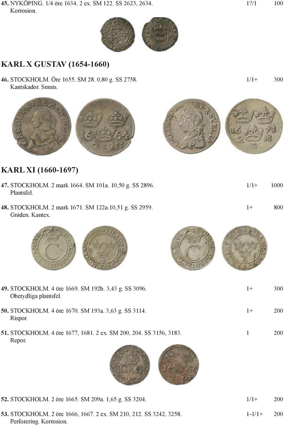 SM 192b. 3,43 g. SS 3096. 1+ 300 Obetydliga plantsfel. 50. STOCKHOLM. 4 öre 1670. SM 193a. 3,63 g. SS 3114. 1+ 200 Rispor. 51. STOCKHOLM. 4 öre 1677, 1681. 2 ex. SM 200, 204.