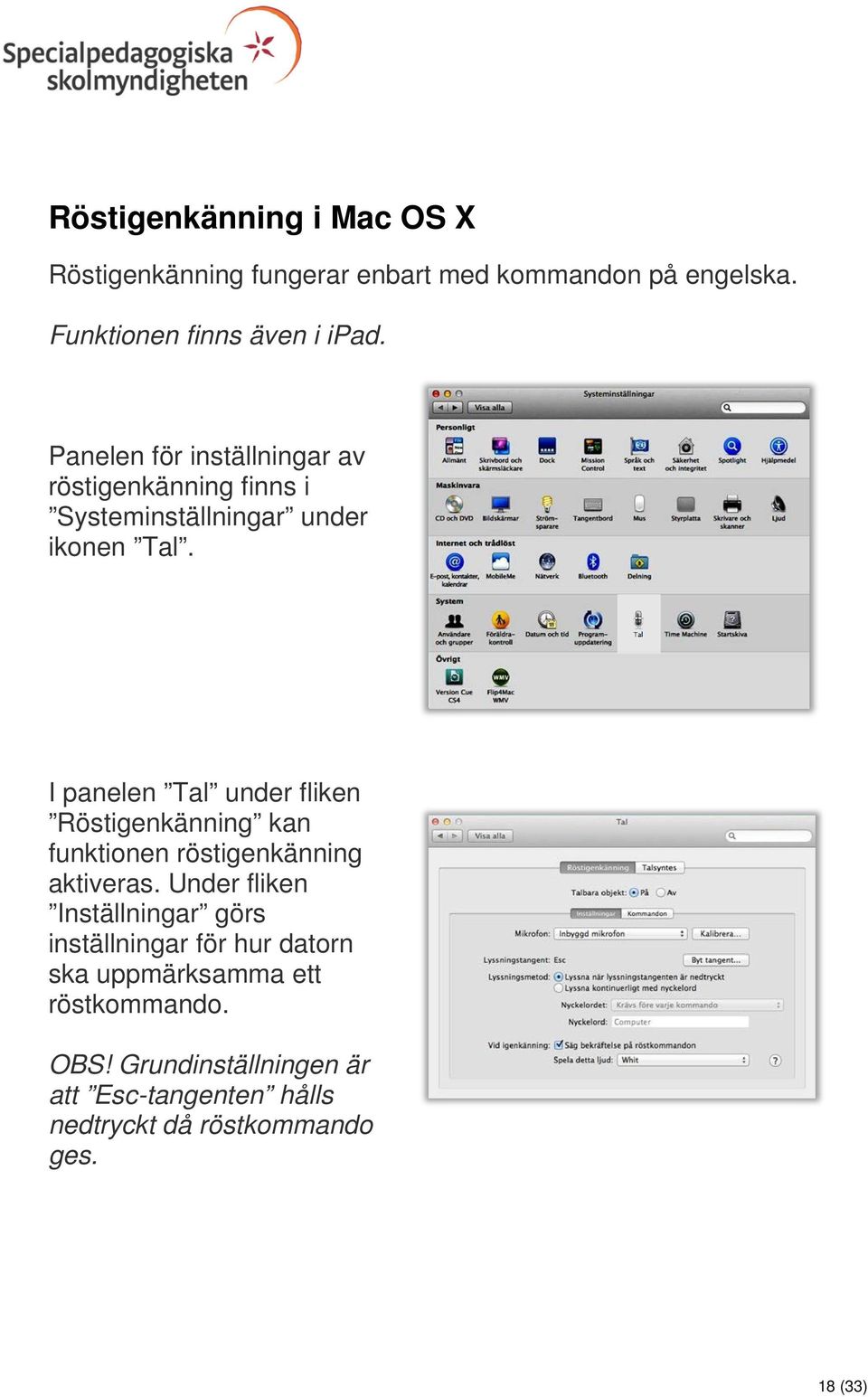 I panelen Tal under fliken Röstigenkänning kan funktionen röstigenkänning aktiveras.