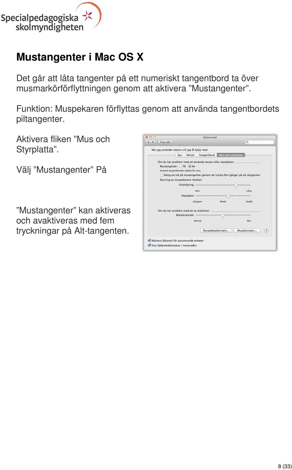 Funktion: Muspekaren förflyttas genom att använda tangentbordets piltangenter.