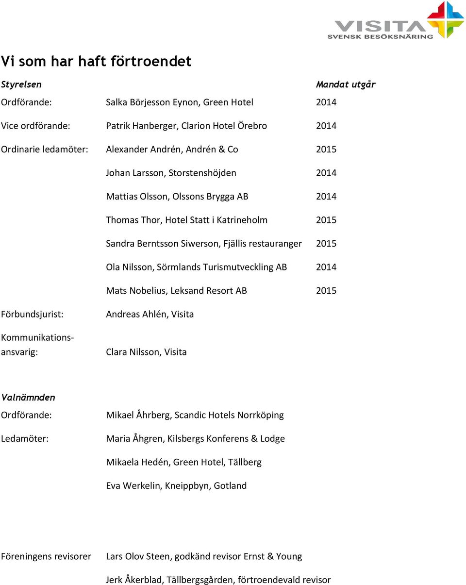 Ola Nilsson, Sörmlands Turismutveckling AB 2014 Mats Nobelius, Leksand Resort AB 2015 Förbundsjurist: Kommunikationsansvarig: Andreas Ahlén, Visita Clara Nilsson, Visita Valnämnden Ordförande: