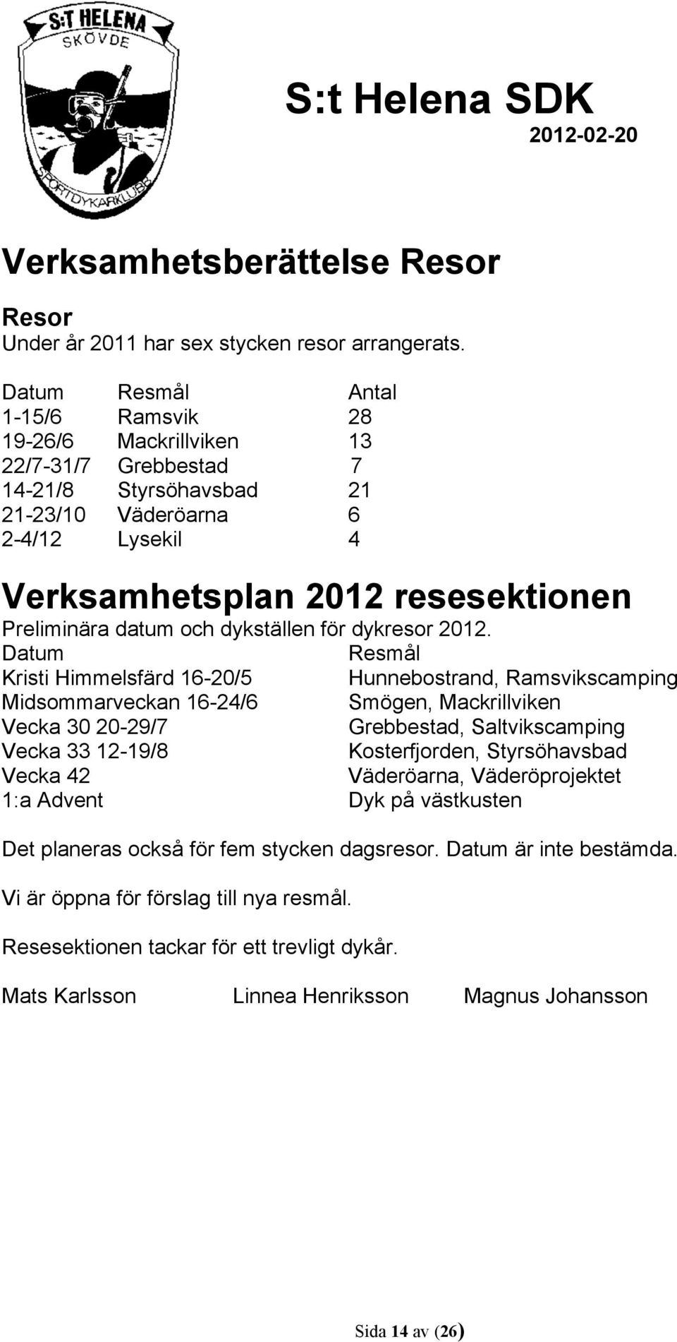 datum och dykställen för dykresor 2012.