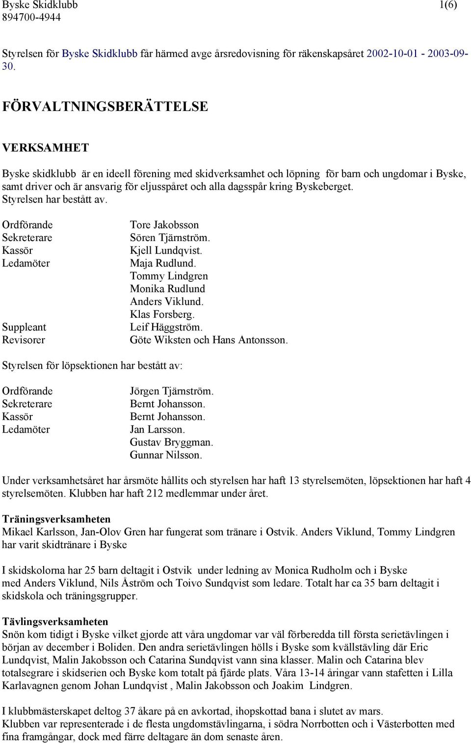 kring Byskeberget. Styrelsen har bestått av. Ordförande Sekreterare Kassör Ledamöter Suppleant Revisorer Tore Jakobsson Sören Tjärnström. Kjell Lundqvist. Maja Rudlund.