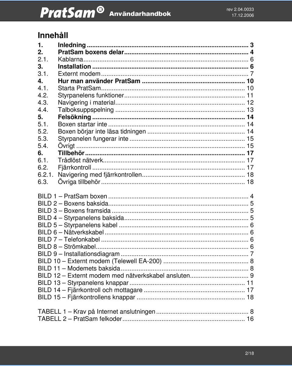 4. Övrigt... 15 6. Tillbehör... 17 6.1. Trådlöst nätverk... 17 6.2. Fjärrkontroll... 17 6.2.1. Navigering med fjärrkontrollen... 18 6.3. Övriga tillbehör... 18 BILD 1 PratSam boxen.