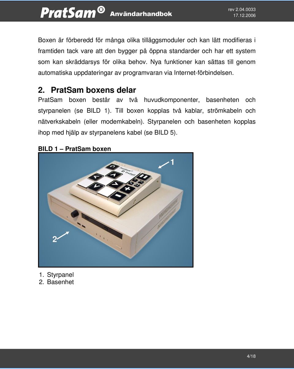 PratSam boxens delar PratSam boxen består av två huvudkomponenter, basenheten och styrpanelen (se BILD 1).