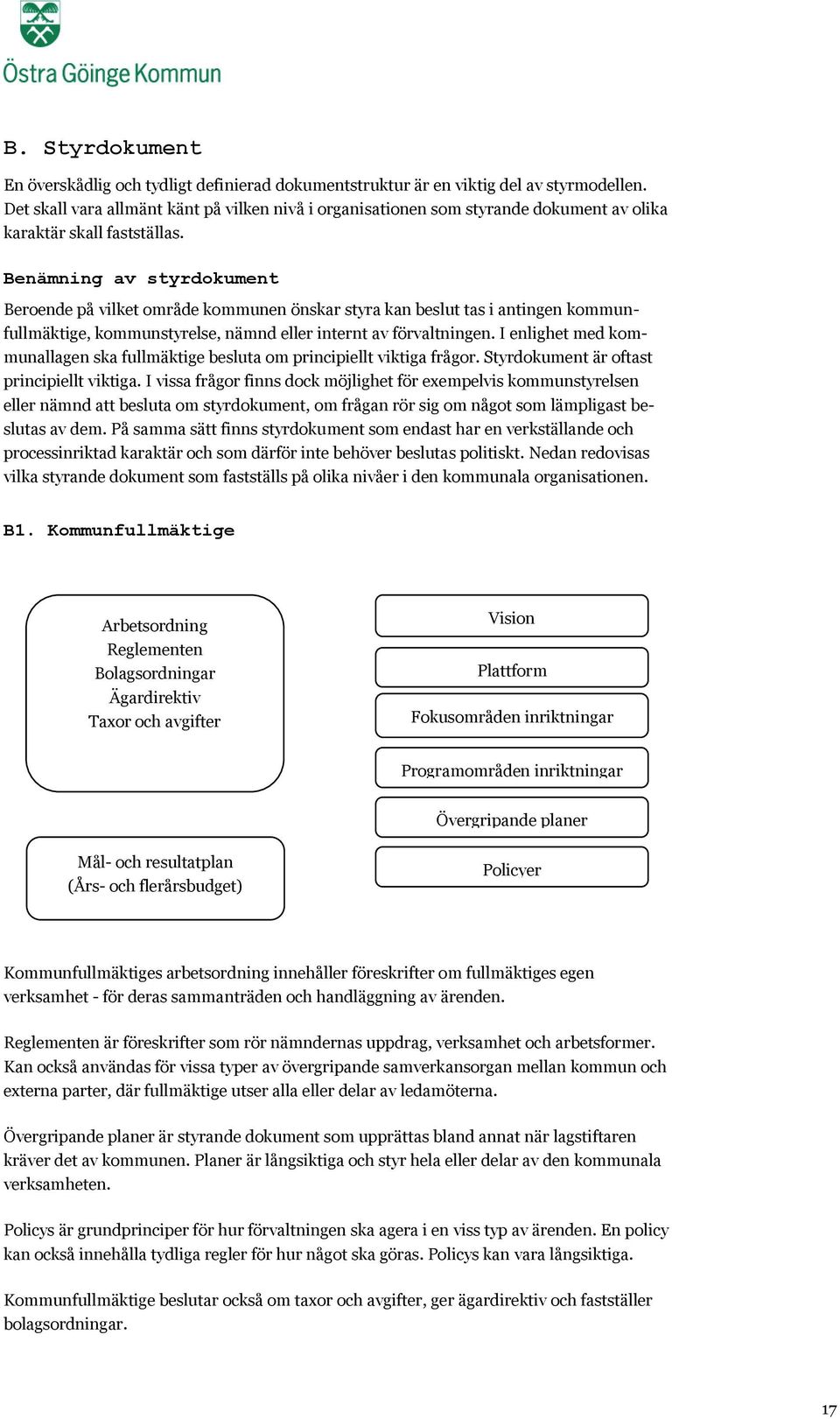 Benämning av styrdokument Beroende på vilket område kommunen önskar styra kan beslut tas i antingen kommunfullmäktige, kommunstyrelse, nämnd eller internt av förvaltningen.