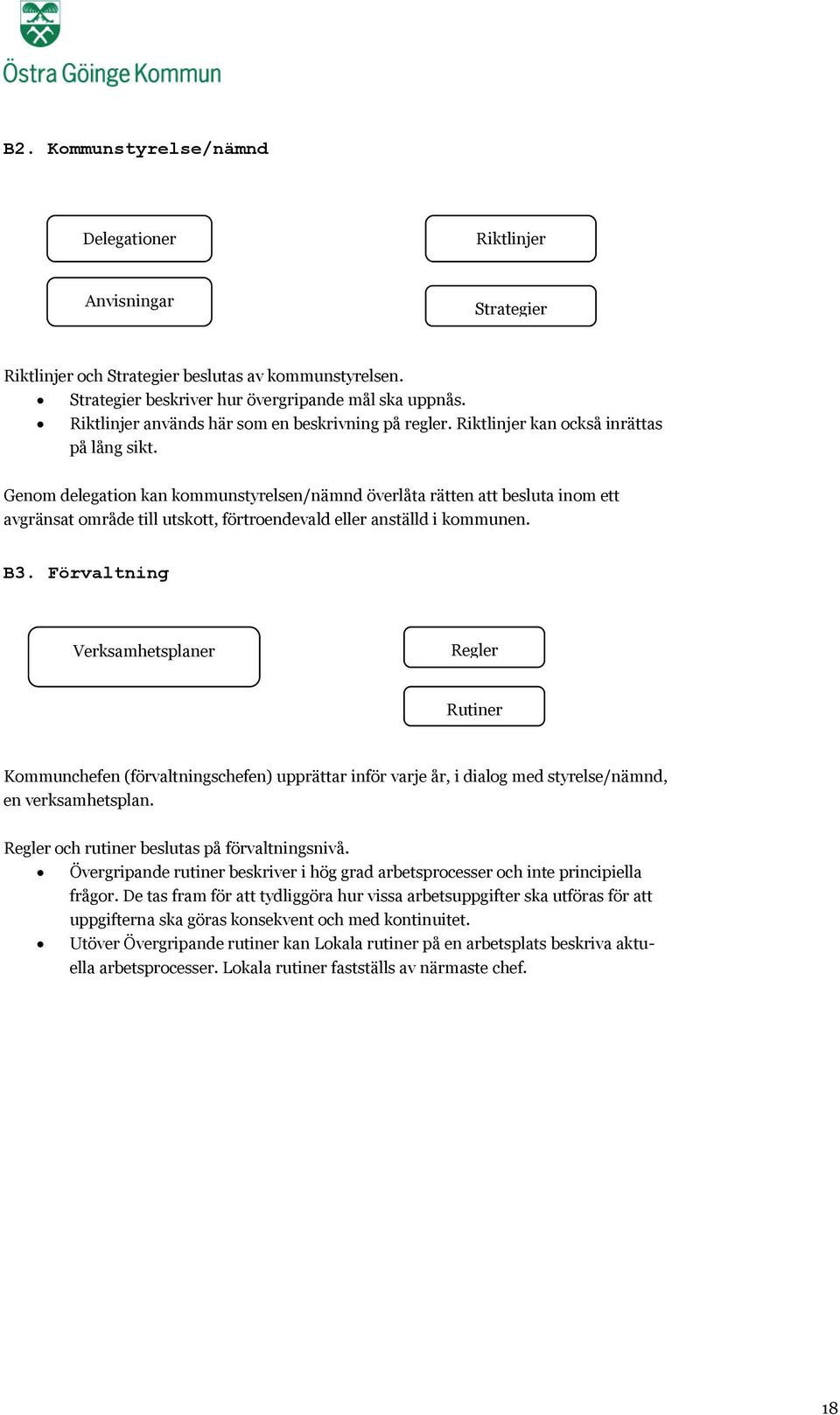 Genom delegation kan kommunstyrelsen/nämnd överlåta rätten att besluta inom ett avgränsat område till utskott, förtroendevald eller anställd i kommunen. B3.