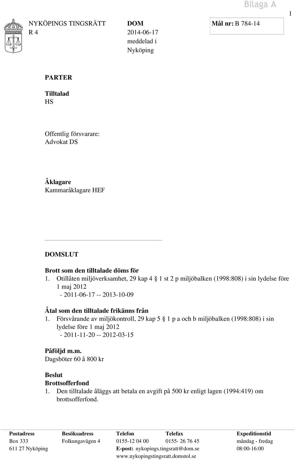 Försvårande av miljökontroll, 29 kap 5 1 p a och b miljöbalken (1998:808) i sin lydelse före 1 maj 2012-2011-11-20 -- 2012-03-15 Påföljd m.m. Dagsböter 60 å 800 kr Beslut Brottsofferfond 1.