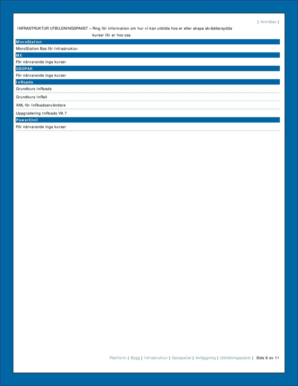 Bas för Infrastruktur MX GEOPAK InRoads Grundkurs InRoads Anmälan Grundkurs InRail XML