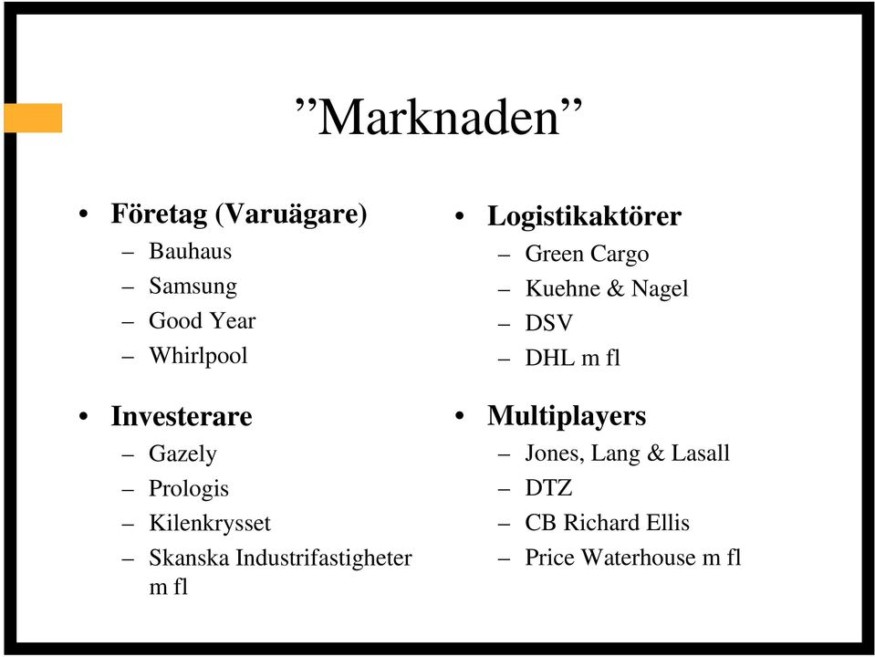 Industrifastigheter m fl Logistikaktörer Green Cargo Kuehne & Nagel