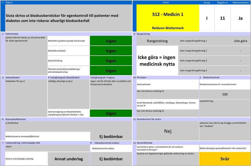 göra Icke göra = ingen medicinsk nytta diabetiker ffa typ II måttligt allvarligt ej akut risk för förtida död, invaliditet och försämrad livskvalitet 500