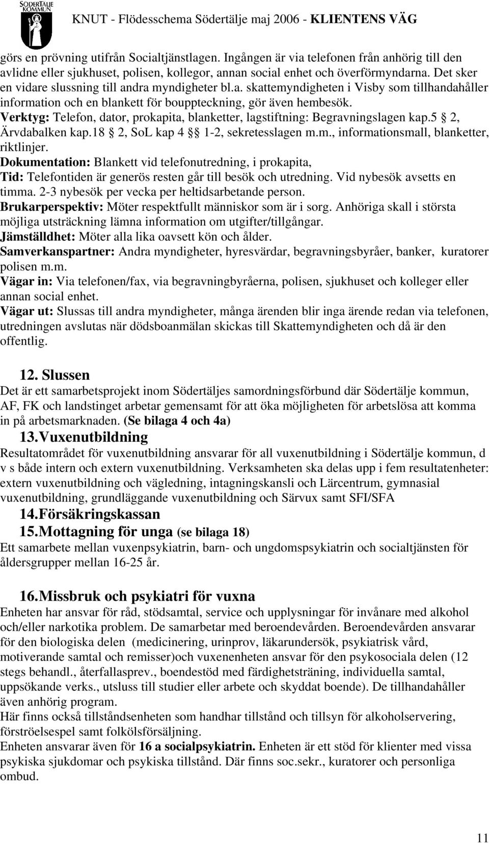 Verktyg: Telefon, dator, prokapita, blanketter, lagstiftning: Begravningslagen kap.5 2, Ärvdabalken kap.18 2, SoL kap 4 1-2, sekretesslagen m.m., informationsmall, blanketter, riktlinjer.