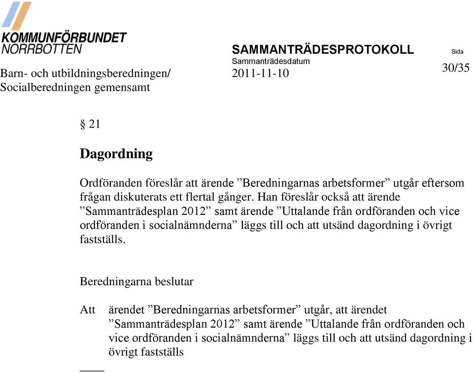 Han föreslår också att ärende Sammanträdesplan 2012 samt ärende Uttalande från ordföranden och vice ordföranden i socialnämnderna läggs till och att utsänd dagordning i