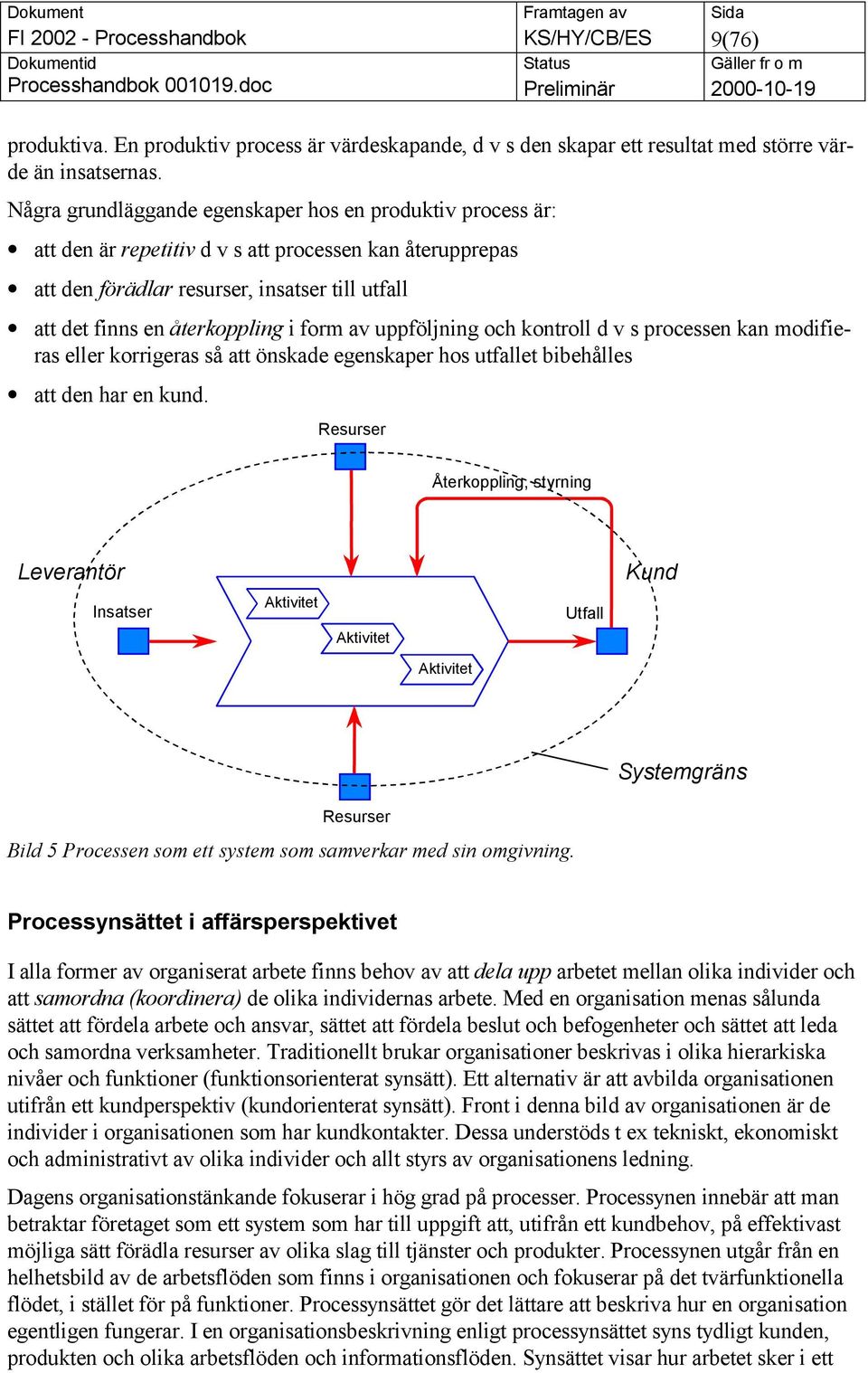 form av uppföljning och kontroll d v s processen kan modifieras eller korrigeras så att önskade egenskaper hos utfallet bibehålles att den har en kund.