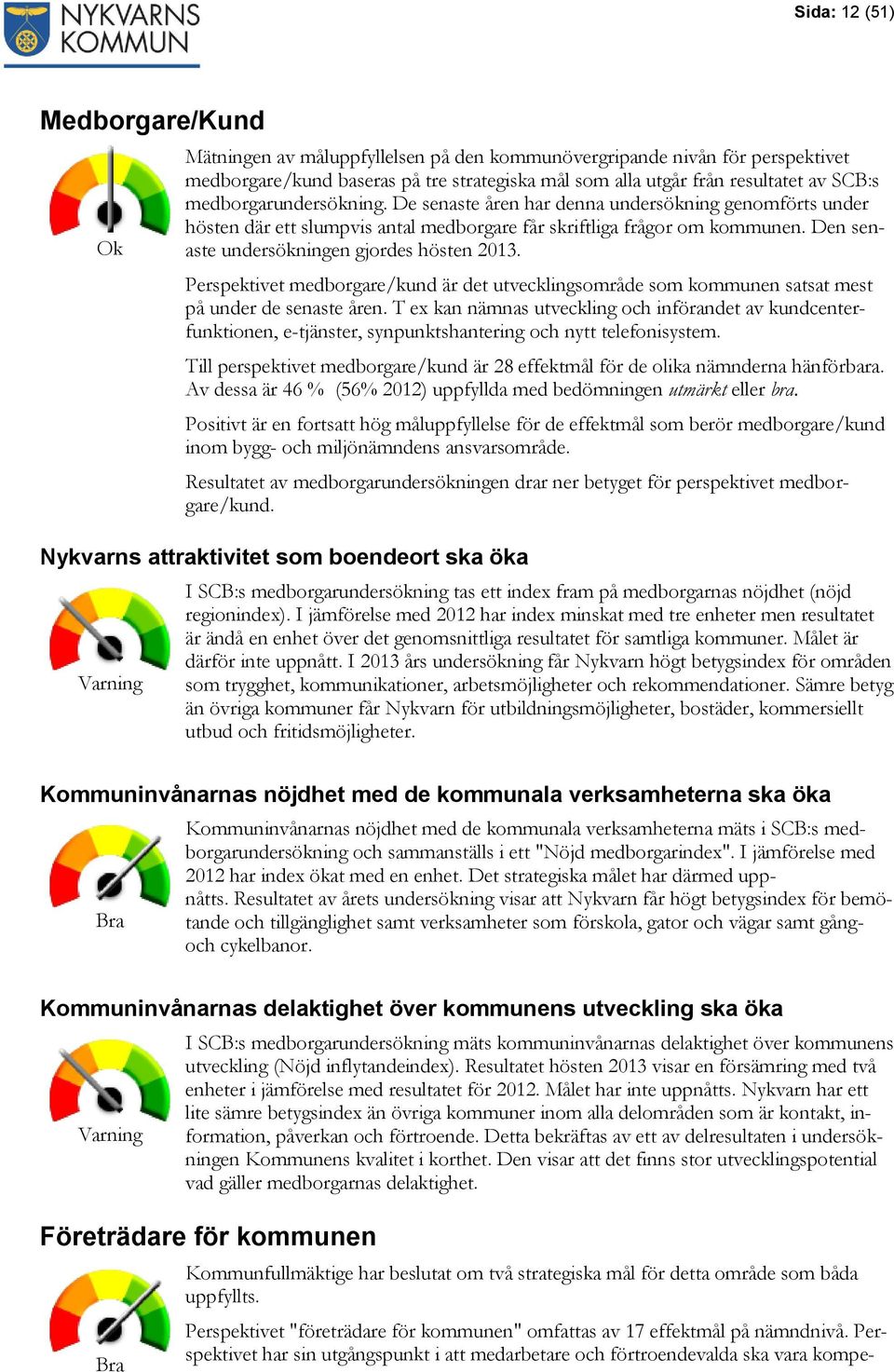 Den senaste undersökningen gjordes hösten 2013. Perspektivet medborgare/kund är det utvecklingsområde som kommunen satsat mest på under de senaste åren.