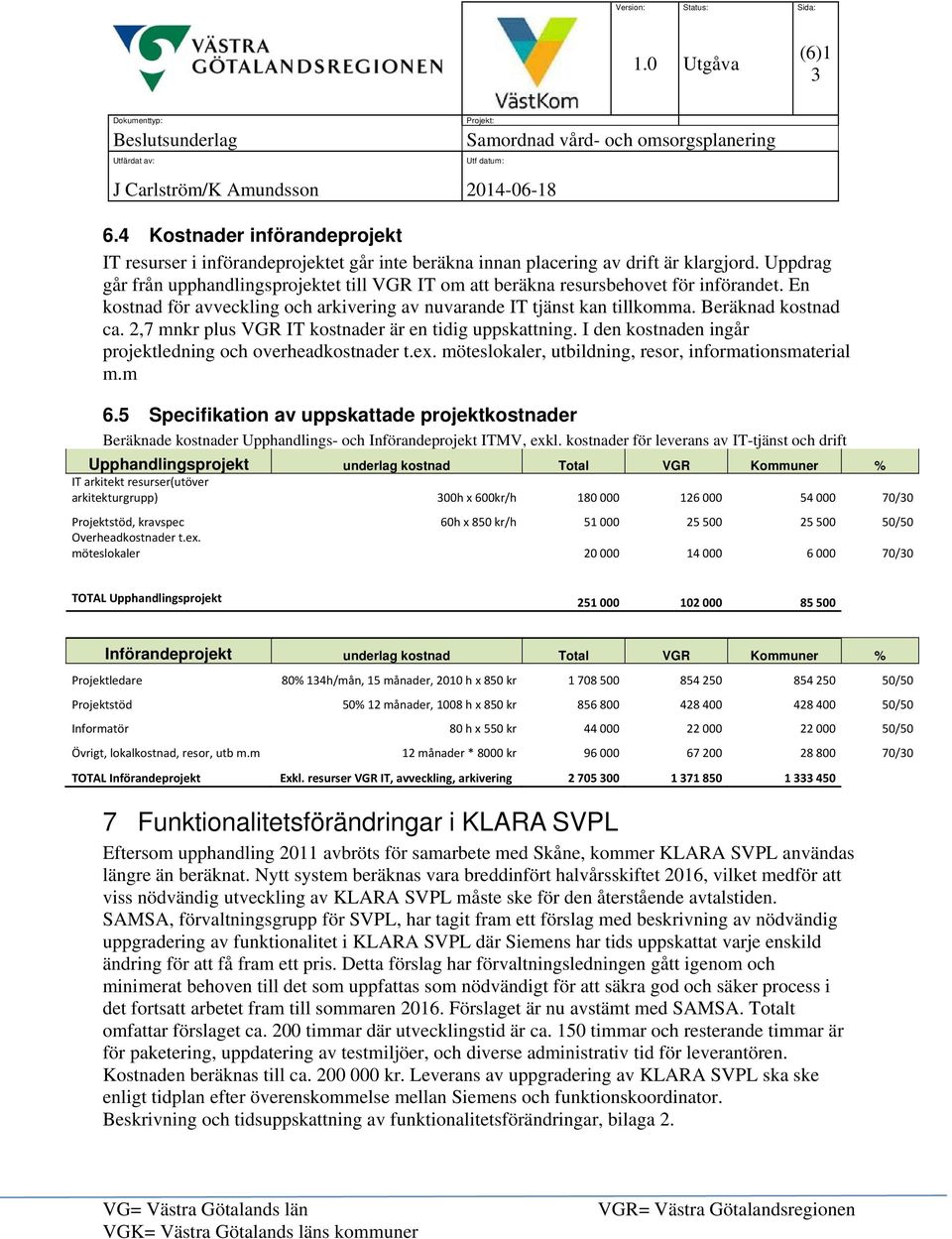 2,7 mnkr plus VGR IT kostnader är en tidig uppskattning. I den kostnaden ingår projektledning och overheadkostnader t.ex. möteslokaler, utbildning, resor, informationsmaterial m.m 6.