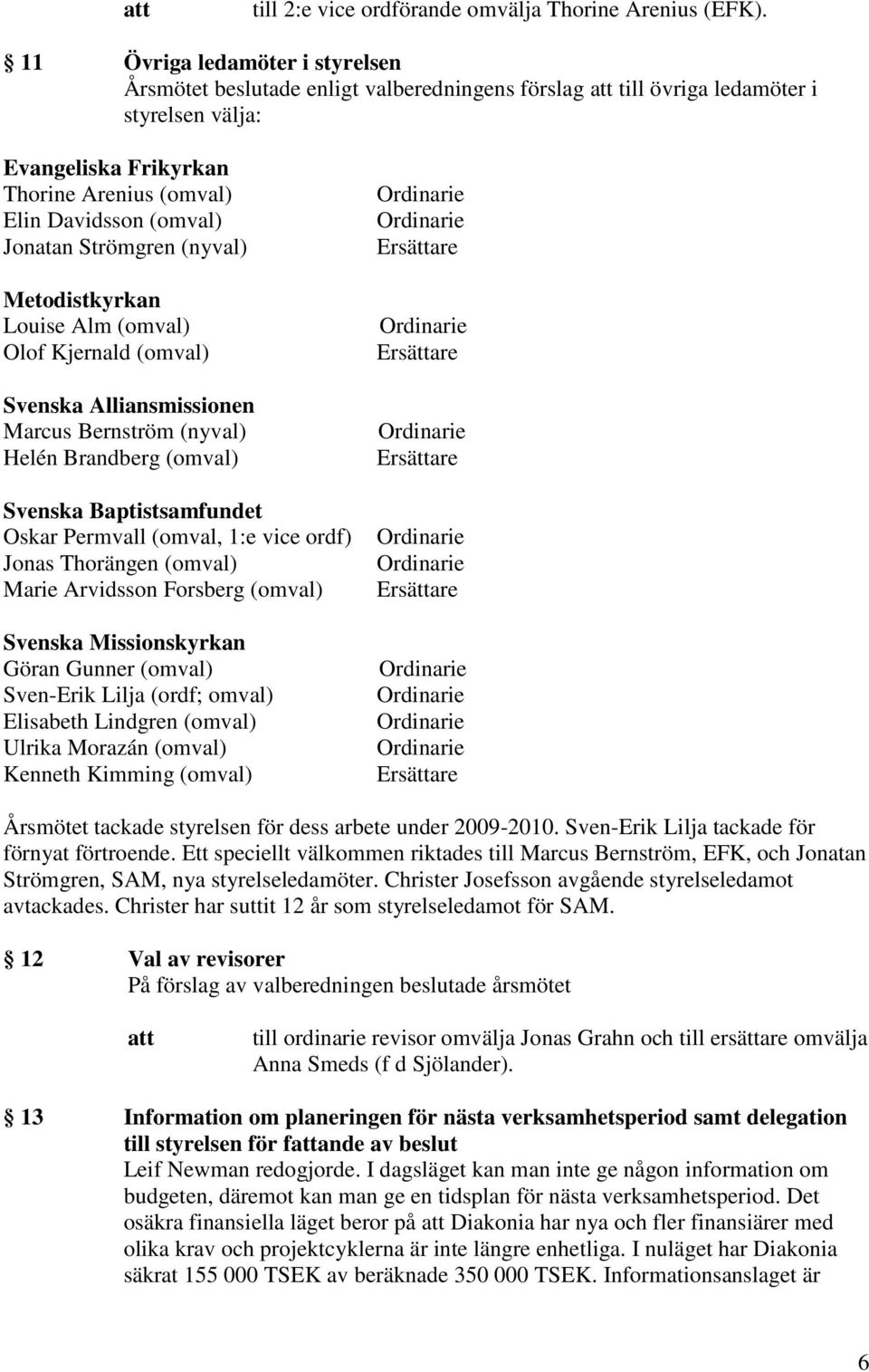 Metodistkyrkan Louise Alm (omval) Olof Kjernald (omval) Svenska Alliansmissionen Marcus Bernström (nyval) Helén Brandberg (omval) Svenska Baptistsamfundet Oskar Permvall (omval, 1:e vice ordf) Jonas