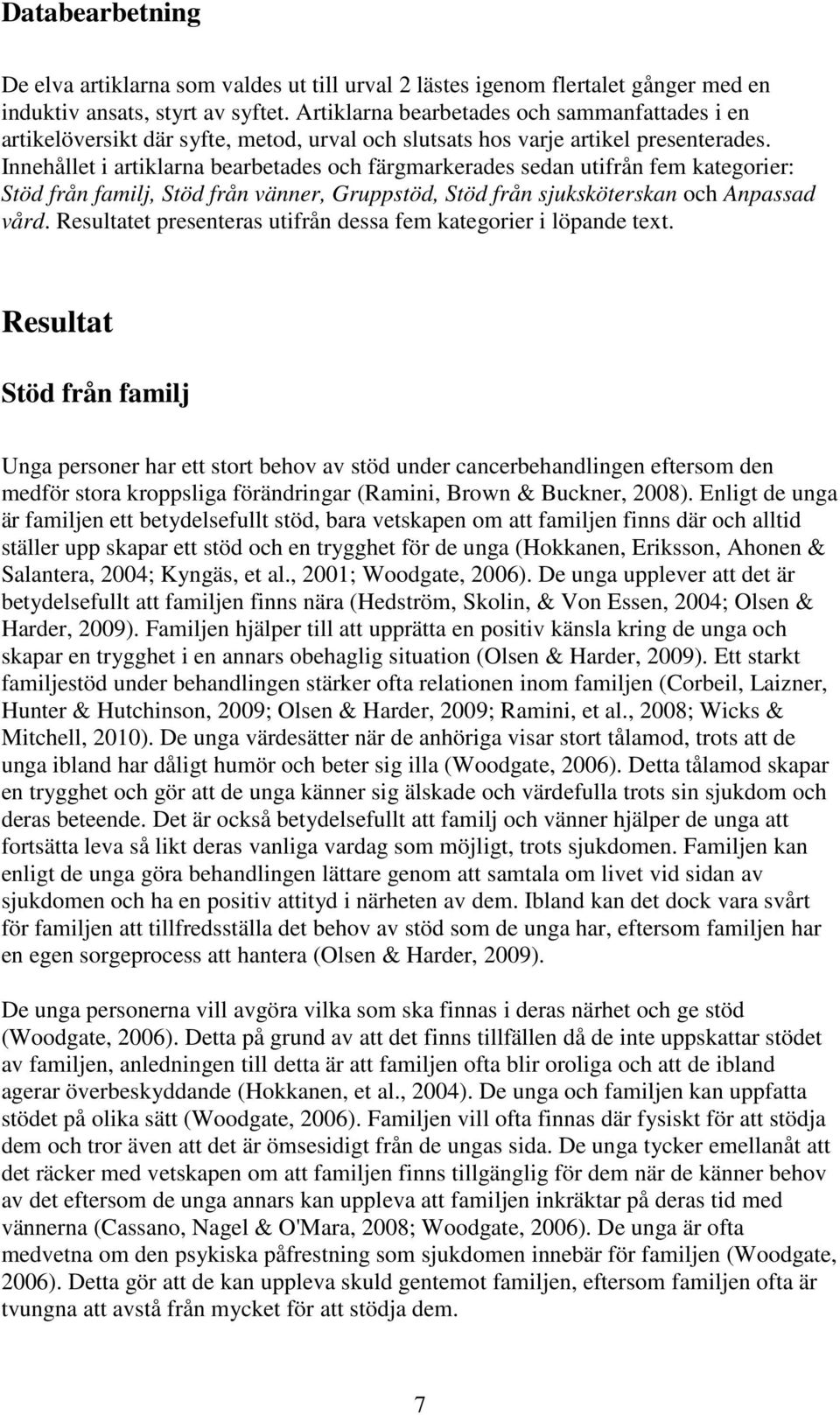 Innehållet i artiklarna bearbetades och färgmarkerades sedan utifrån fem kategorier: Stöd från familj, Stöd från vänner, Gruppstöd, Stöd från sjuksköterskan och Anpassad vård.