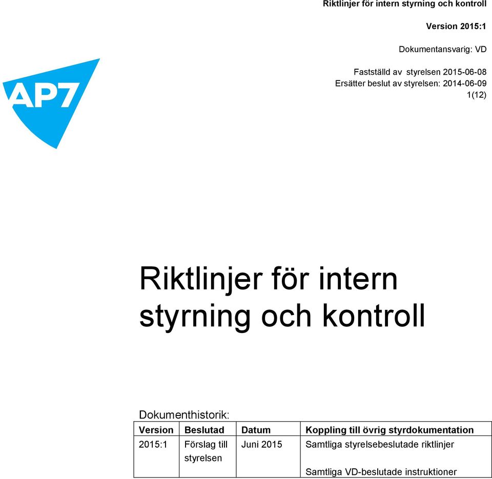 styrdokumentation 2015:1 Förslag till styrelsen Juni 2015