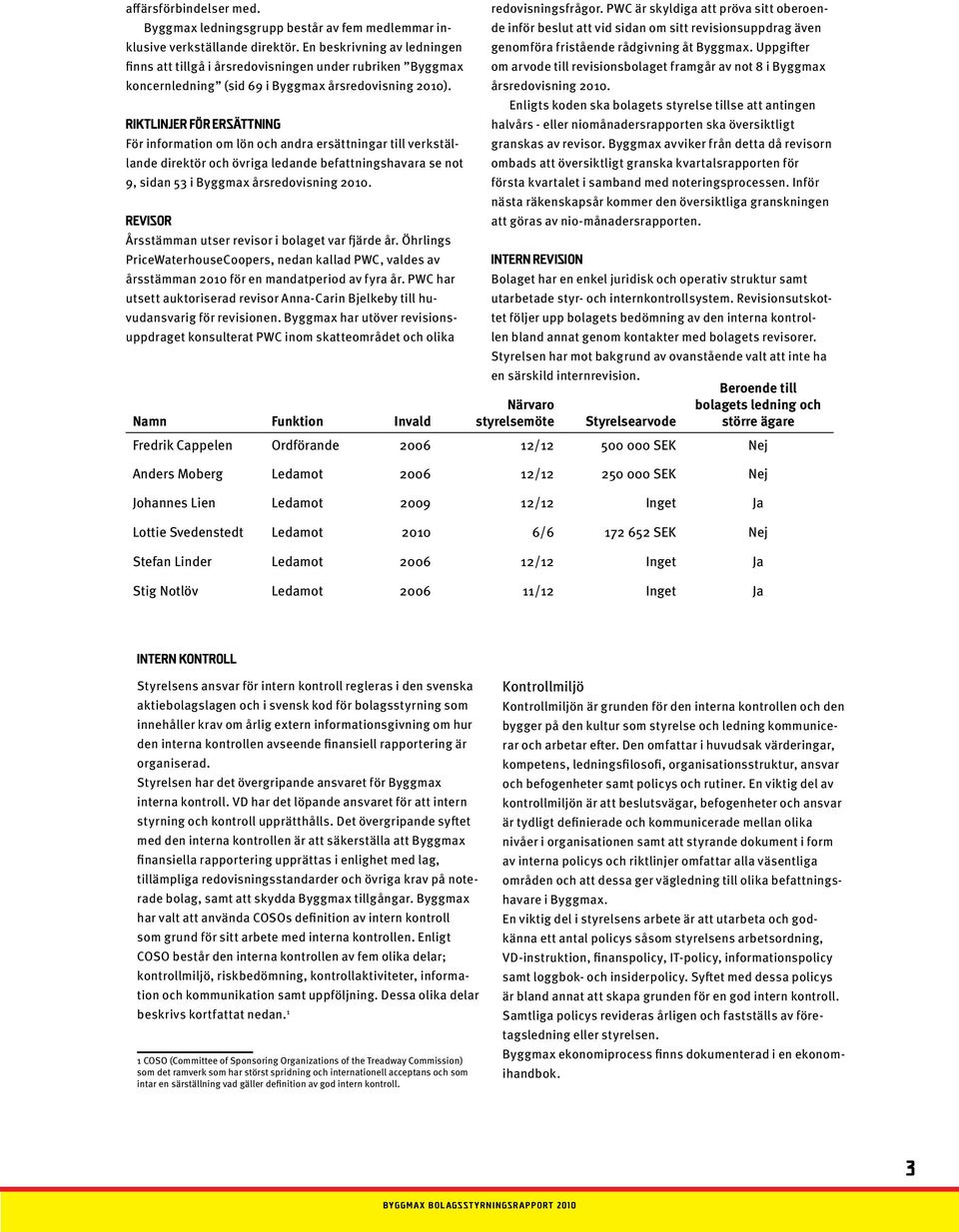 Riktlinjer för ersättning För information om lön och andra ersättningar till verkställande direktör och övriga ledande befattningshavara se not 9, sidan 53 i Byggmax årsredovisning 2010.