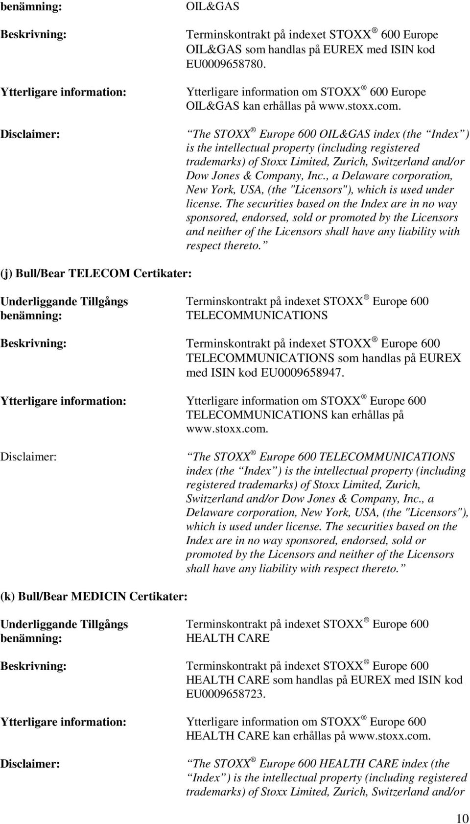 The STOXX Europe 600 OIL&GAS index (the Index ) is the intellectual property (including registered trademarks) of Stoxx Limited, Zurich, Switzerland and/or Dow Jones & Company, Inc.