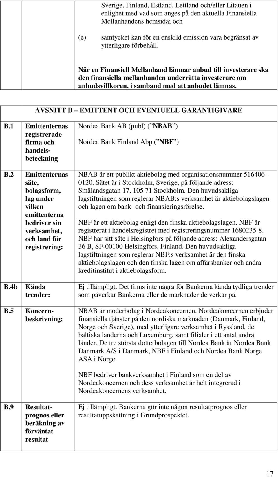 AVSNITT B EMITTENT OCH EVENTUELL GARANTIGIVARE B.1 Emittenternas registrerade firma och handelsbeteckning B.