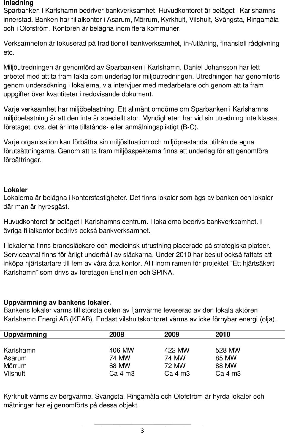 Verksamheten är fokuserad på traditionell bankverksamhet, in-/utlåning, finansiell rådgivning etc. Miljöutredningen är genomförd av Sparbanken i Karlshamn.