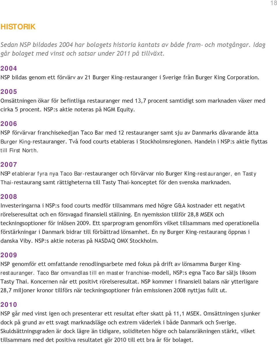 2005 Omsättningen ökar för befintliga restauranger med 13,7 procent samtidigt som marknaden växer med cirka 5 procent. NSP:s aktie noteras på NGM Equity.