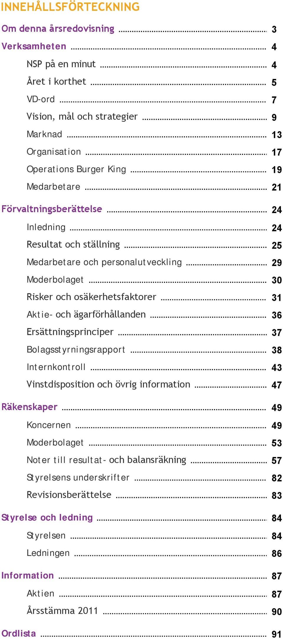 Bolagsstyrningsrapport Internkontroll Vinstdisposition och övrig information Räkenskaper Koncernen Moderbolaget Noter till resultat- och balansräkning Styrelsens underskrifter